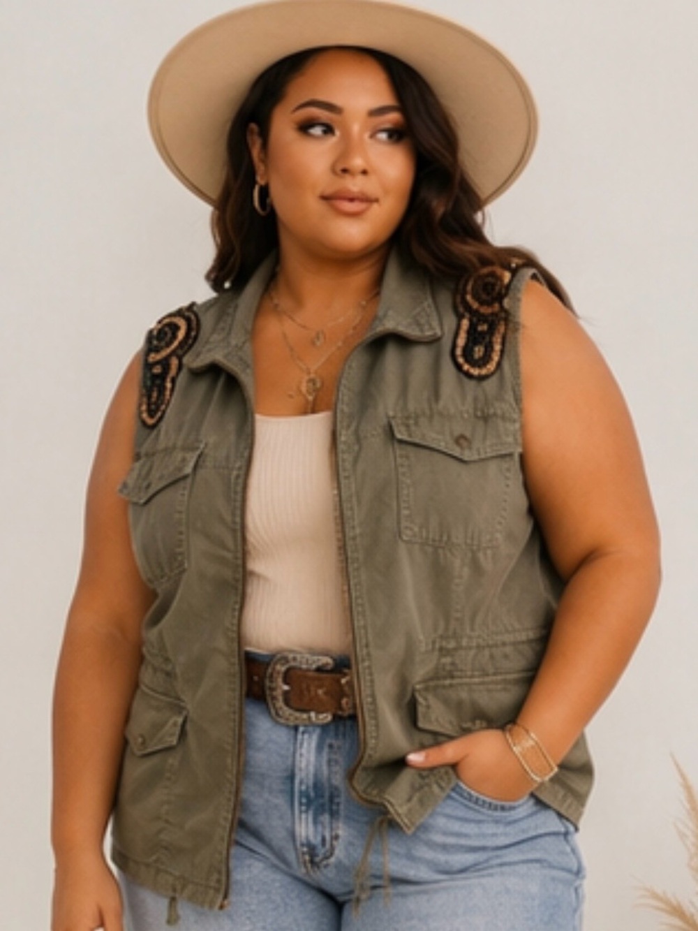 Ruff Hewn Olive Green Beaded Utility Vest Plus Size Boho Cargo Safari Style 2X